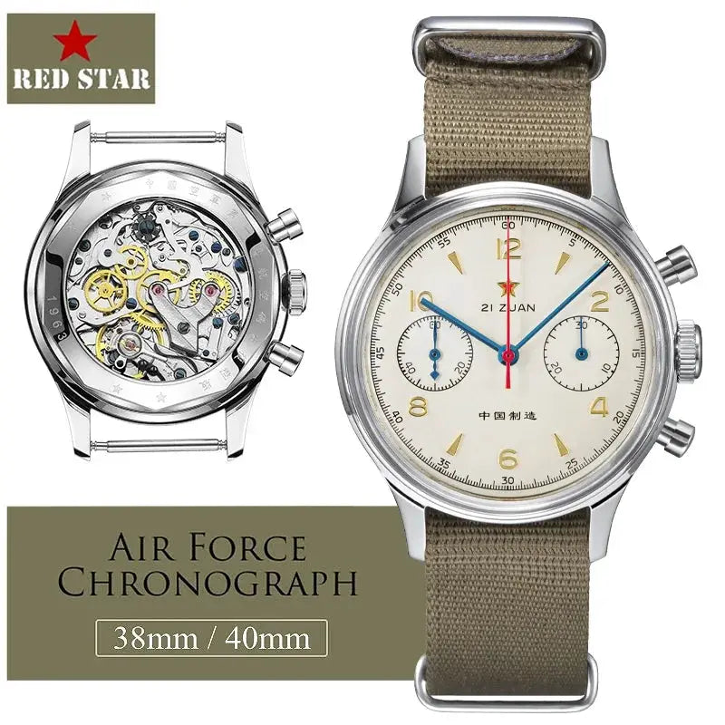 Red Star men's chronograph watch with beige dial, blue hands, khaki NATO strap, stainless steel case