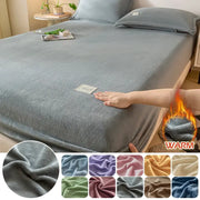 Velvet thermal mattress cover on bed; gray plush fabric with warm texture, shown with color swatches.