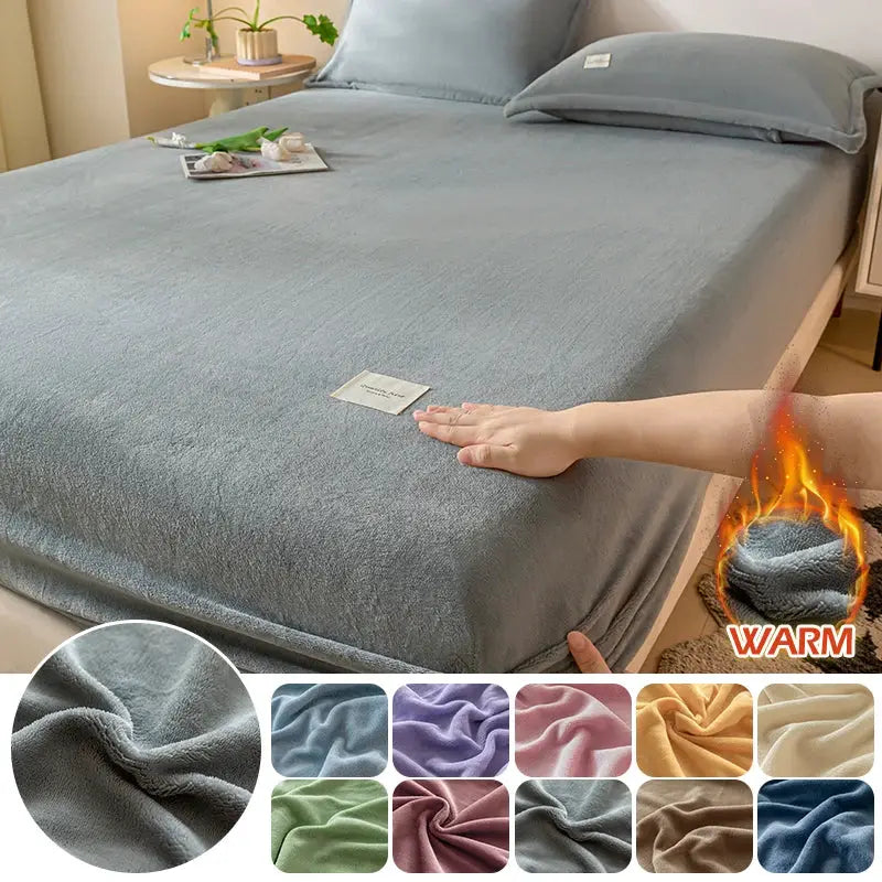 Velvet thermal mattress cover on bed; gray plush fabric with warm texture, shown with color swatches.