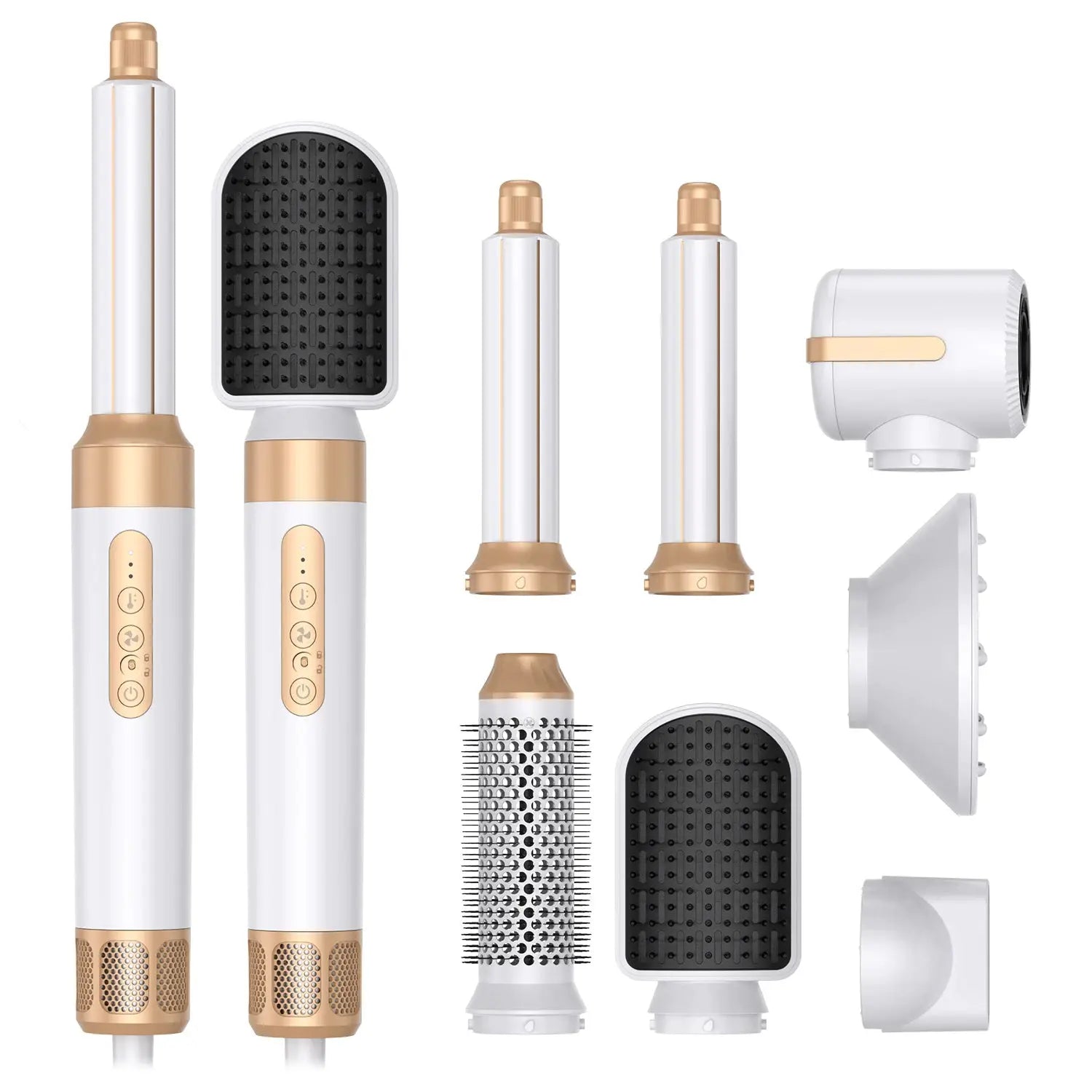 7-in-1 hair dryer brush kit by Simples Market in white and rose gold, with diffuser and attachments