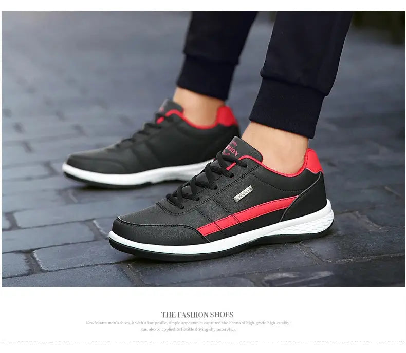 Leather men’s sneakers from Simples Market in black with red accents and non-slip sole