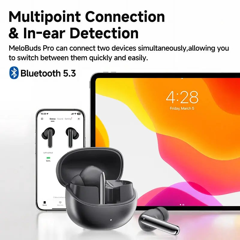 QCY MeloBuds Pro wireless earbuds and black charging case (2 earbuds) by Simples Market, Bluetooth 5.3 multipoint.
