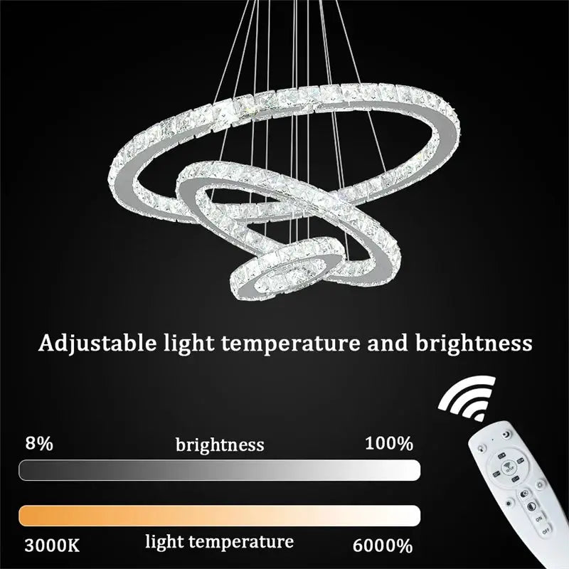 Modern crystal ring LED chandelier by Simples Market with chrome finish and remote control