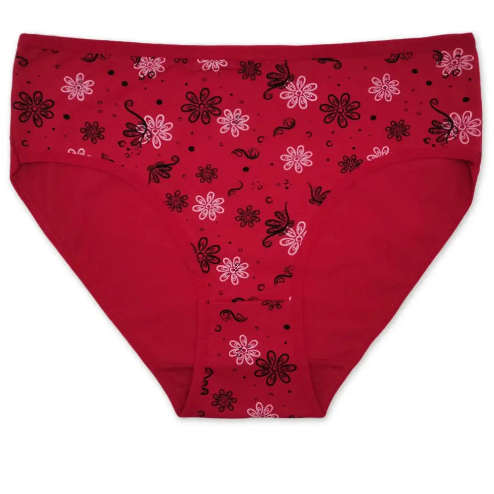 Women's red cotton briefs with white and black floral print, mid-rise underwear