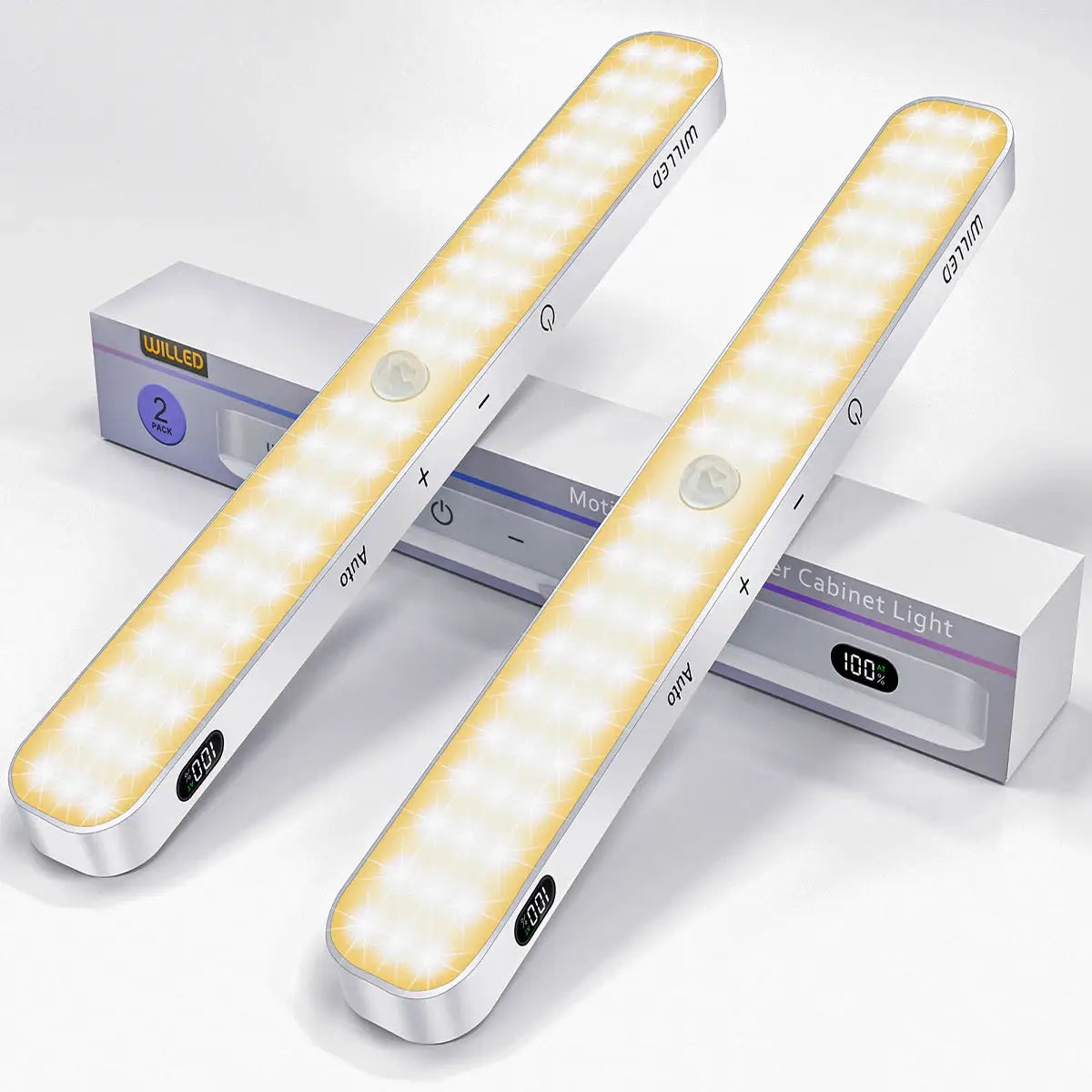 WILLED warm-light motion-sensor cabinet lights, 60 LED, wireless rechargeable, two-pack
