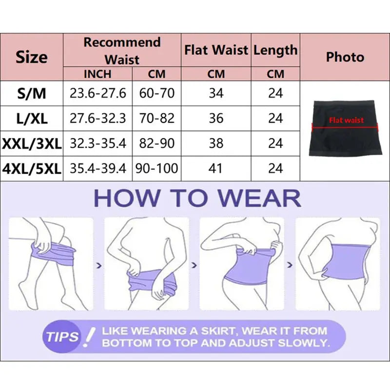 Simples Market men's slimming body shaper sauna belt waist trainer in black with size chart.