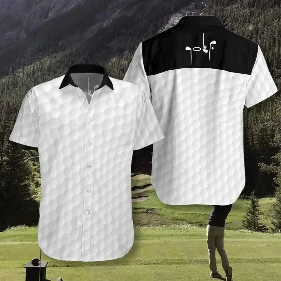Hawaiian flower casual shirt by Simples Market, white with black collar and 3D hex pattern; front/back view.
