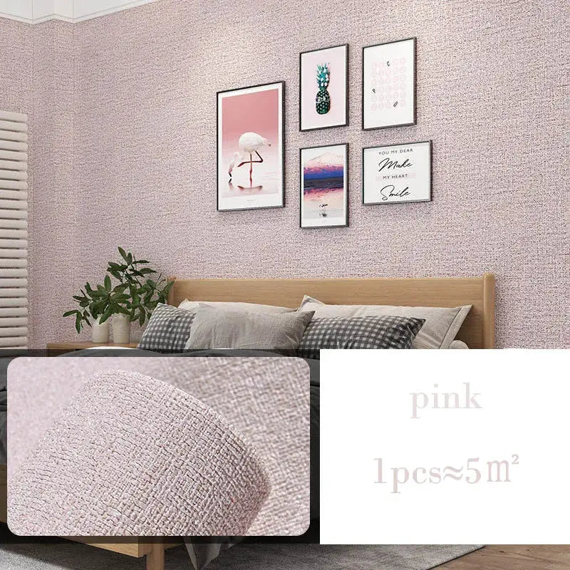Pink linen-textured self-adhesive wallpaper roll for thermal insulation, 10m (≈5m²) wall decor