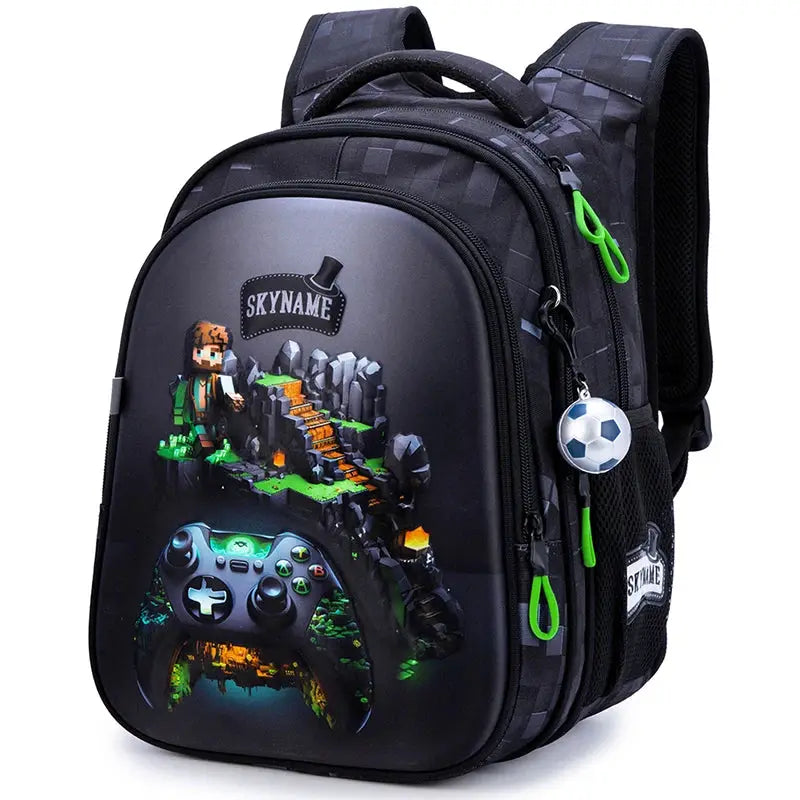 Kids school backpack for boys with space game graphic, black with green zipper pulls and SKYNAME badge.