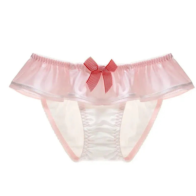 Women's pink satin panties with sheer ruffle waistband and red striped bow by Simples Market