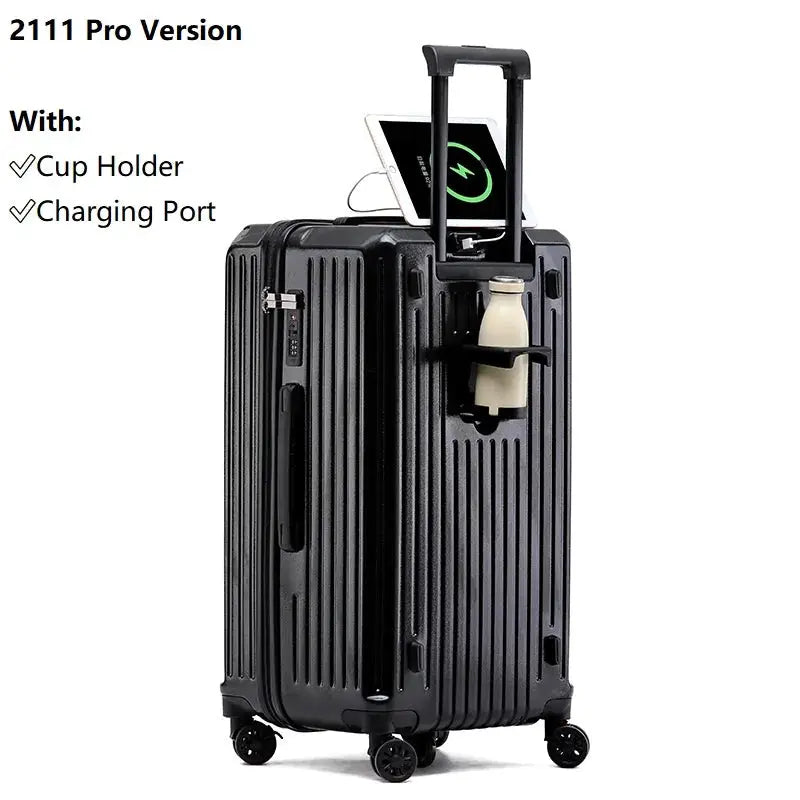 Simples Market 2024 large-capacity black carry-on suitcase with cup holder and USB charging port, 4-wheel spinner.