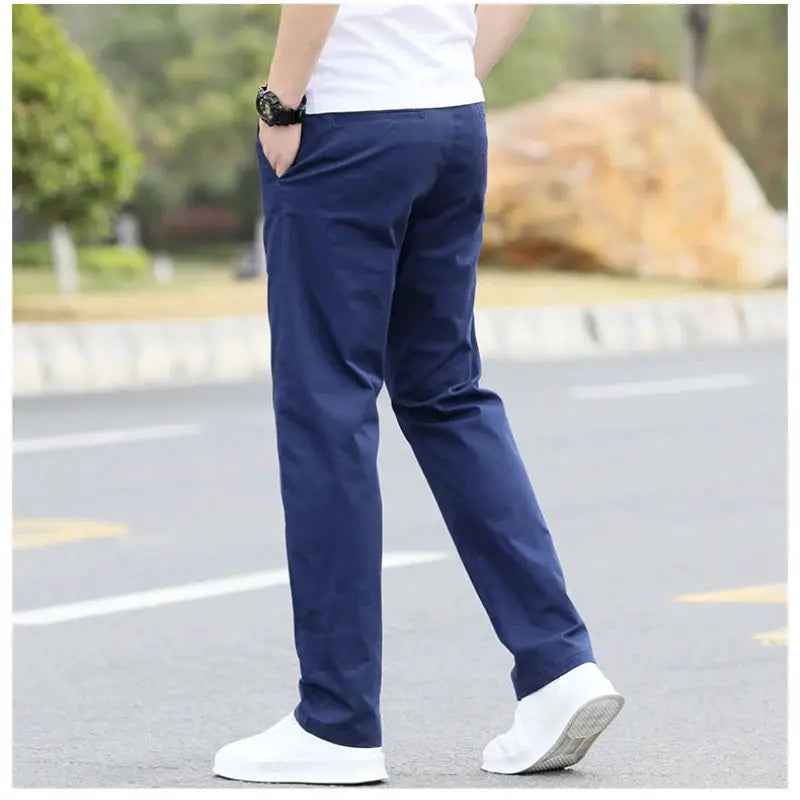 Men's navy cotton chinos, breathable straight pants
