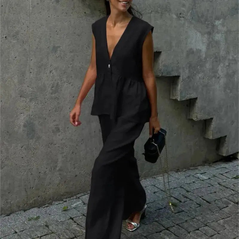 Women Sleeveless V Neck Top Two Piece Summer Set With Straight Pants