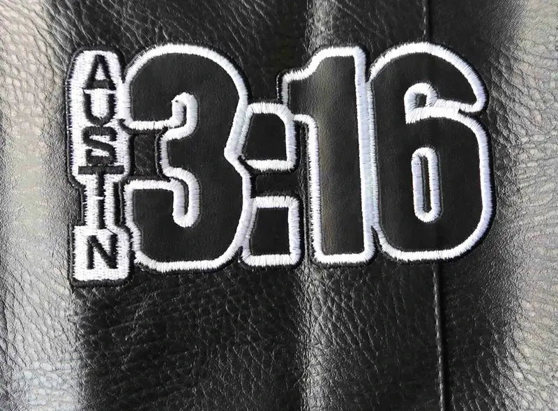Steve Austin 3:16 vest with white embroidered patch on black leather