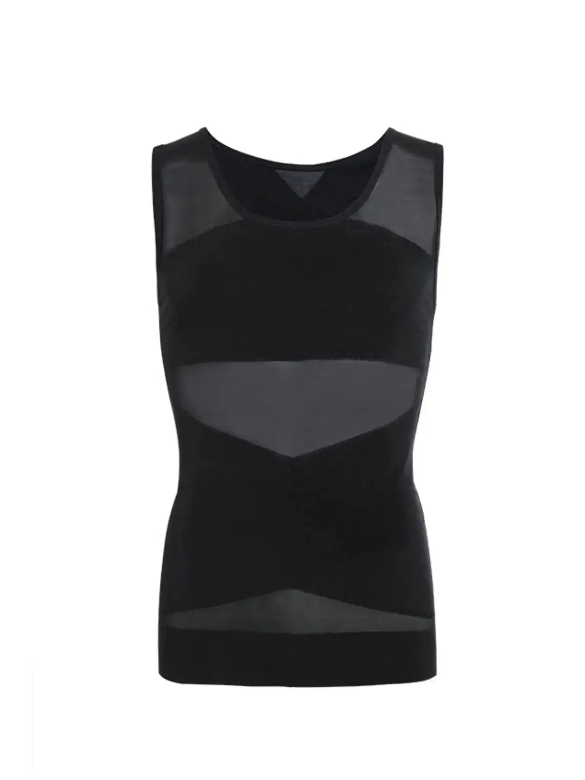 Men's black compression tank top with sheer mesh panels