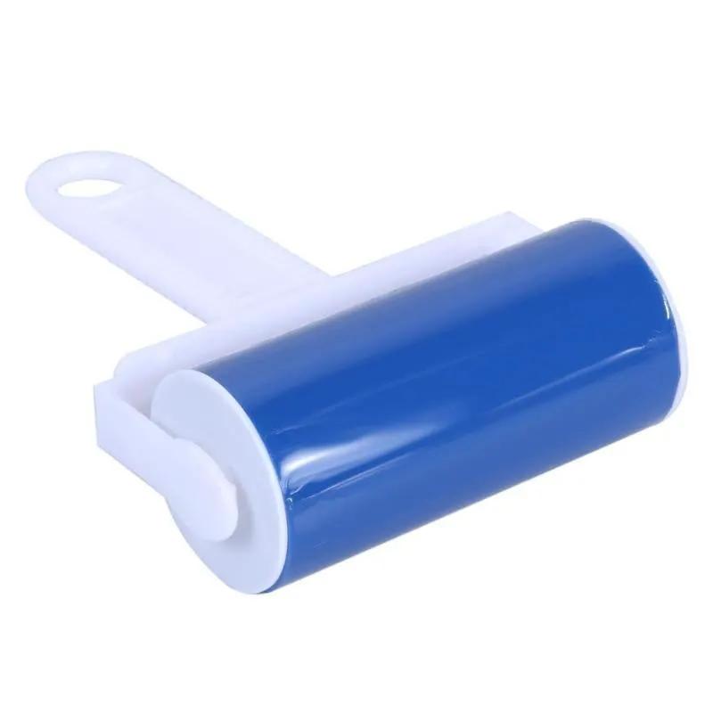 Lint roller by Simples Market; blue cylindrical sticky roller with white handle, portable and washable