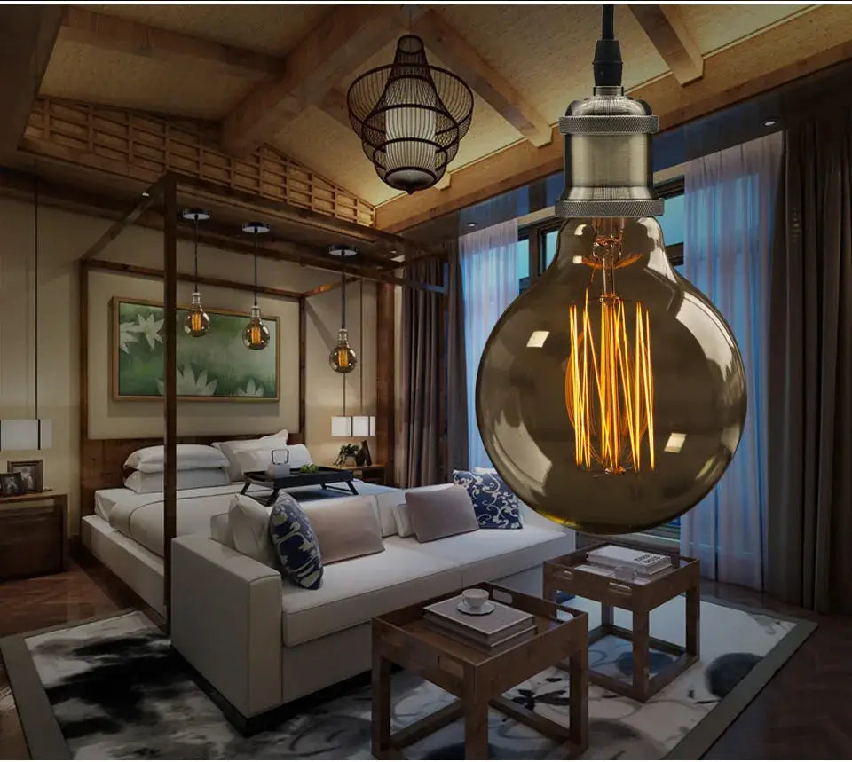 Aluminum pendant lights set of 4 with vintage Edison bulbs in a modern loft bedroom