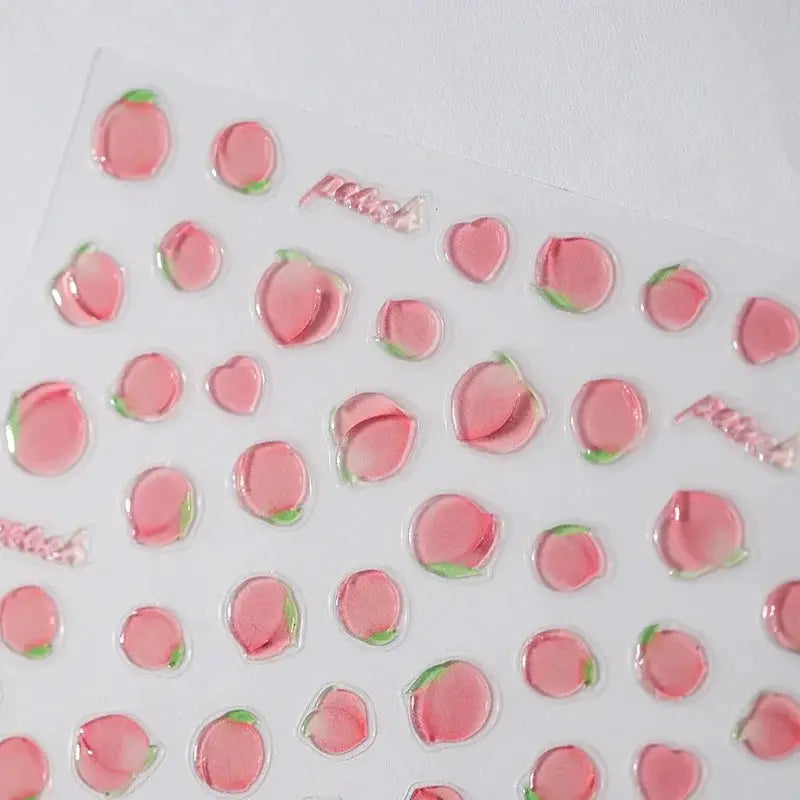 Peach jelly texture 5D embossed self-adhesive nail art stickers sheet with pink fruit decals by Simples Market