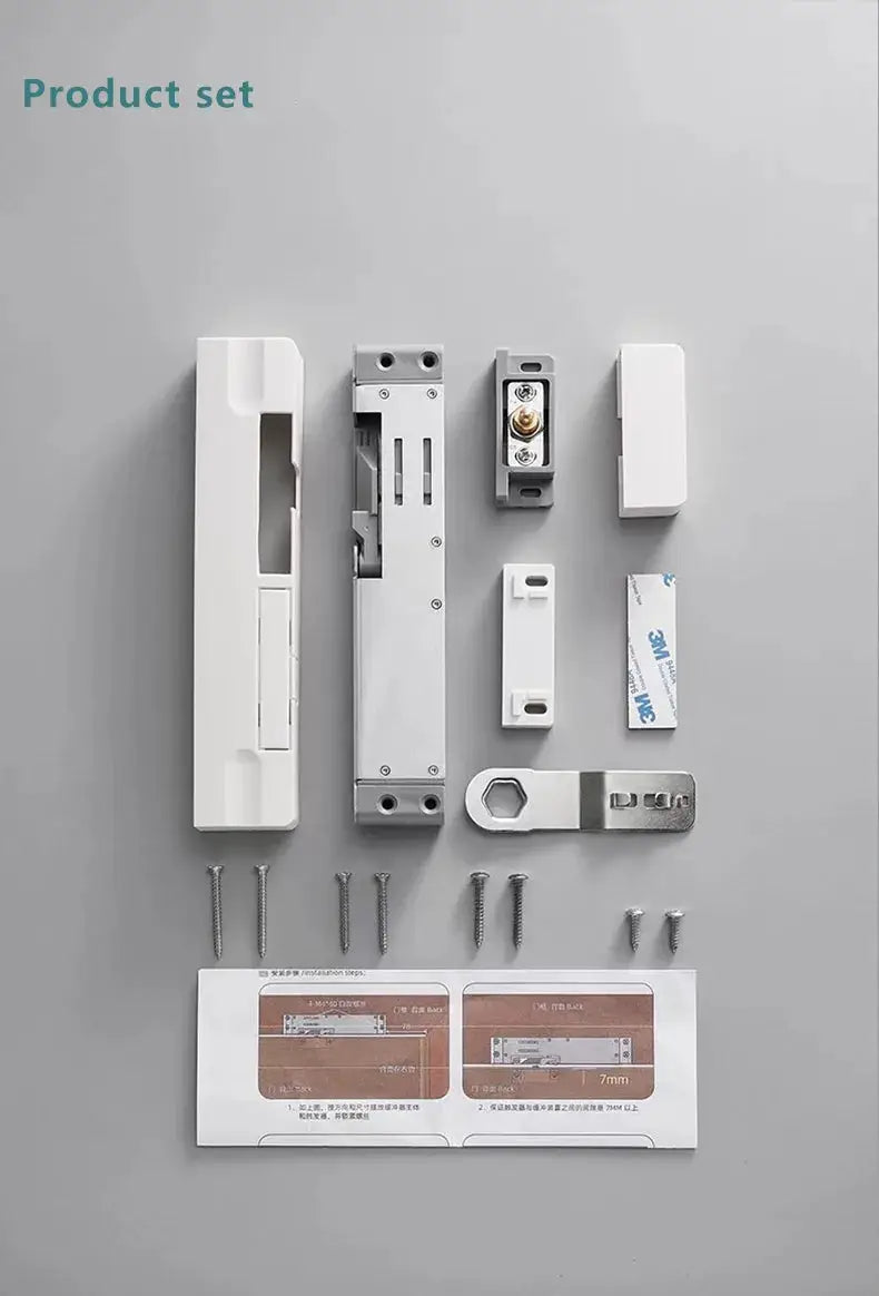 Door buffer damper hydraulic door closer kit for wooden doors with white mounting plates, silver hardware and screws