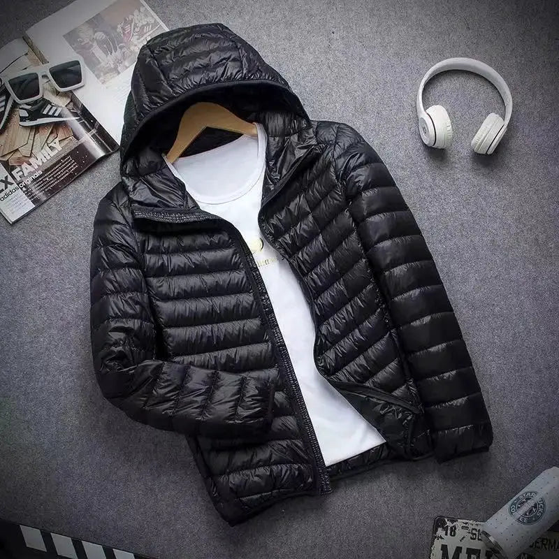 0-10℃ men's ultra-light duck-down hooded puffer jacket black 5XL