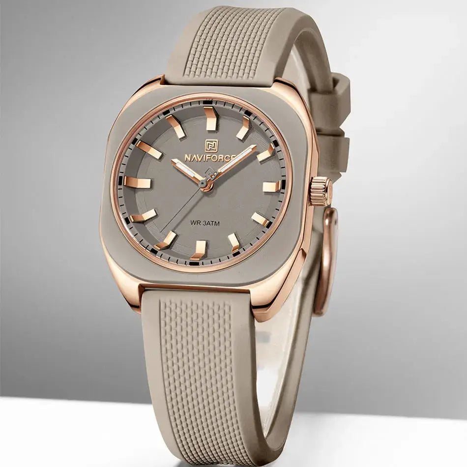 NAVIFORCE women's quartz wristwatch with rose gold case, grey dial, and beige silicone strap