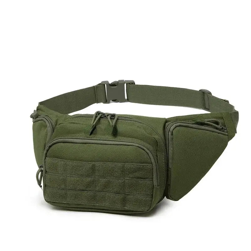 Tactical waist bag by Simples Market in olive green with multiple pockets and front MOLLE panel; adjustable hiking belt