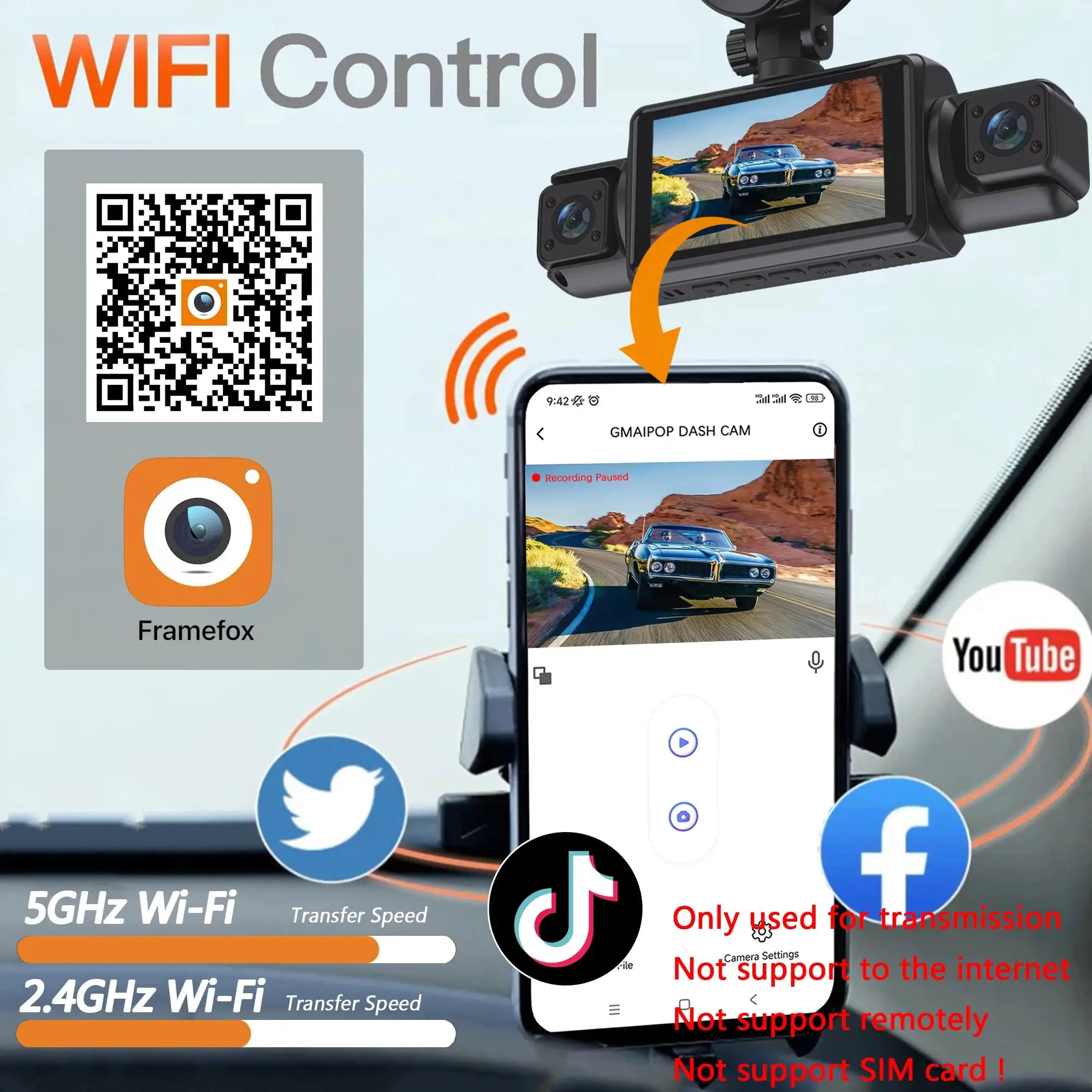 Simples Market 4-channel WiFi dashcam with front, left, right and rear cameras, FHD 1080p night vision