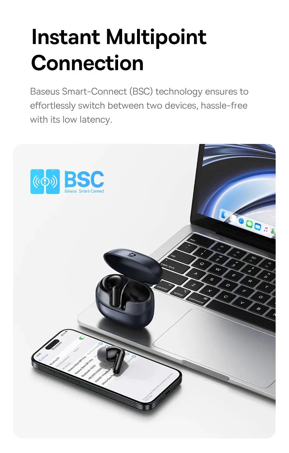 Baseus Bass BP1 Pro wireless earbuds in navy charging case with laptop and iPhone
