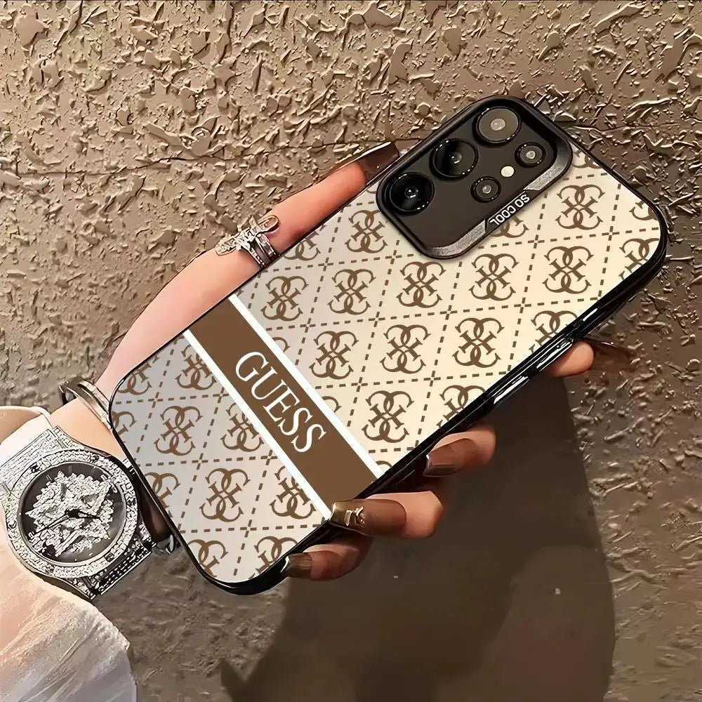 Phone case for Samsung Galaxy S21–S26 and Note20 Ultra with GUESS monogram cream-brown pattern and black edge