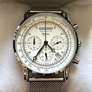 Zeppelin Airship automatic men's watch with white dial, chronograph subdials, tachymeter, and silver mesh band