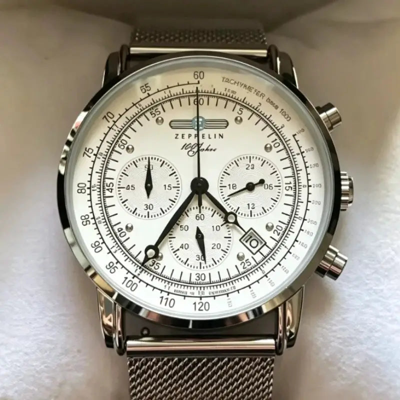 Zeppelin Airship automatic men's watch with white dial, chronograph subdials, tachymeter, and silver mesh band