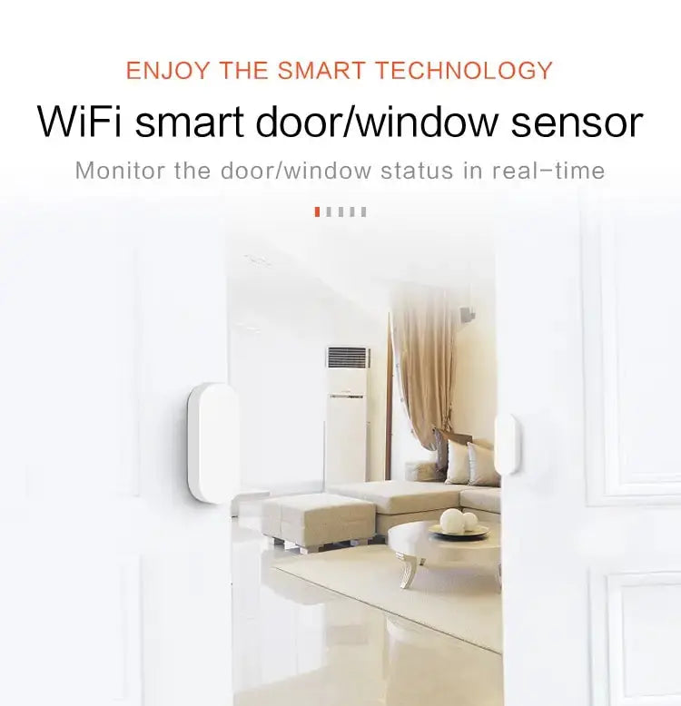 Tuya Smart WiFi door/window sensor by Simples Market; two white sensors mounted on a door frame