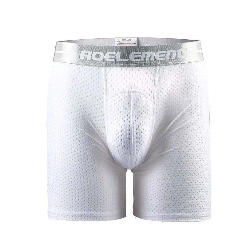 Men's white ice-silk mesh boxer briefs by Simples Market, extra-long athletic underwear.