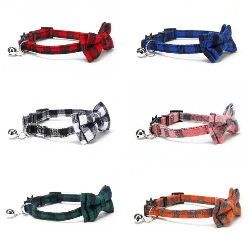 Pet Breakaway Cat Collar With Bow Tie And Bell Plaid Christmas Red Adjustable Elastic For Cats And Small Dogs