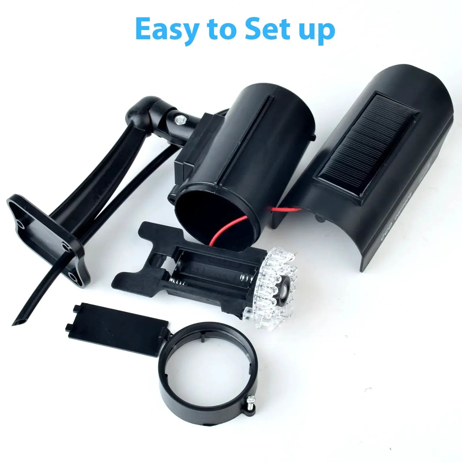 ALARMEST fake CCTV security camera in black with solar panel housing and red LED, outdoor use
