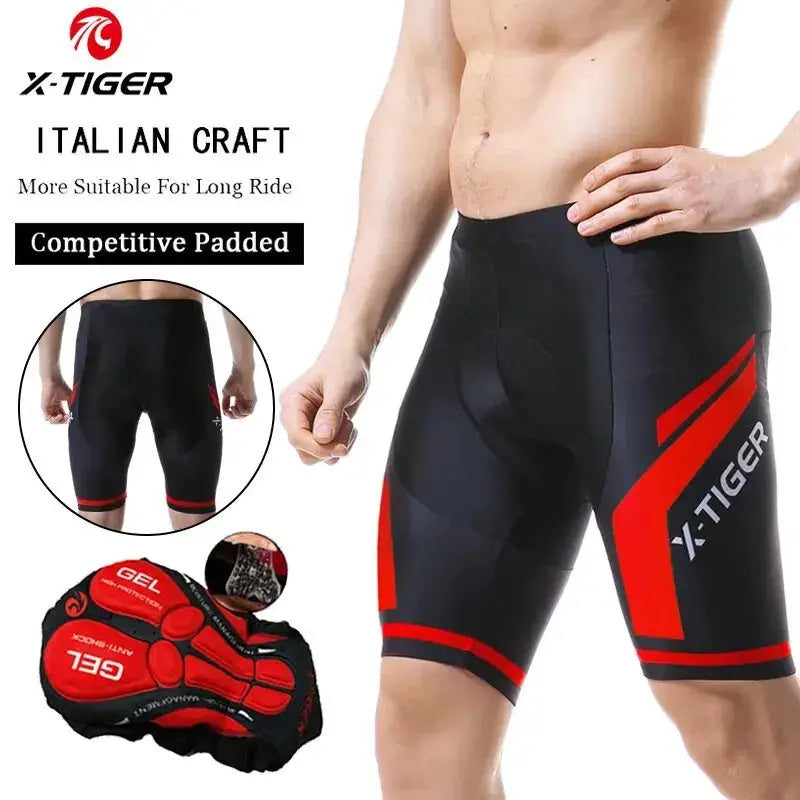 X-TIGER men's cycling shorts in black with red accents and gel pad, anti-slip leg grips, logo visible