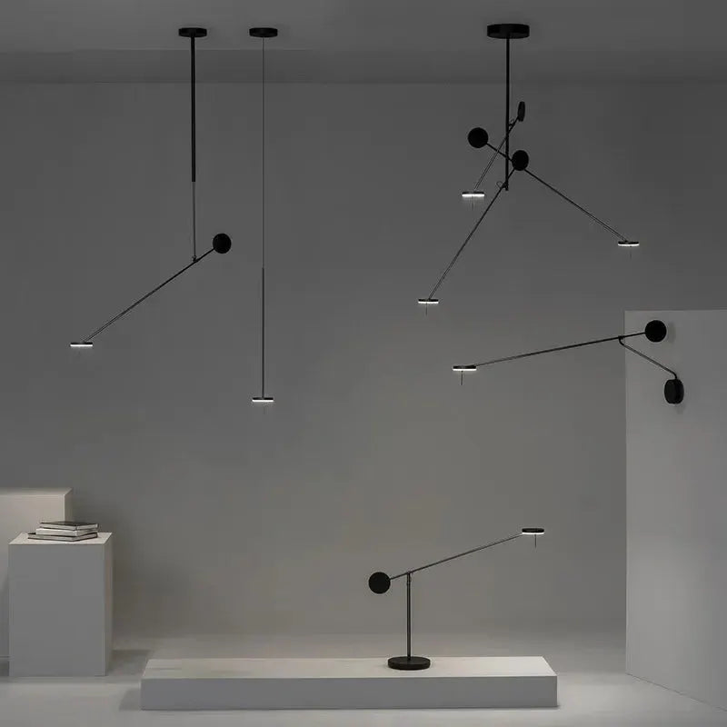 Creative LED chandelier in black lustre with adjustable hanging arms for living room and dining area