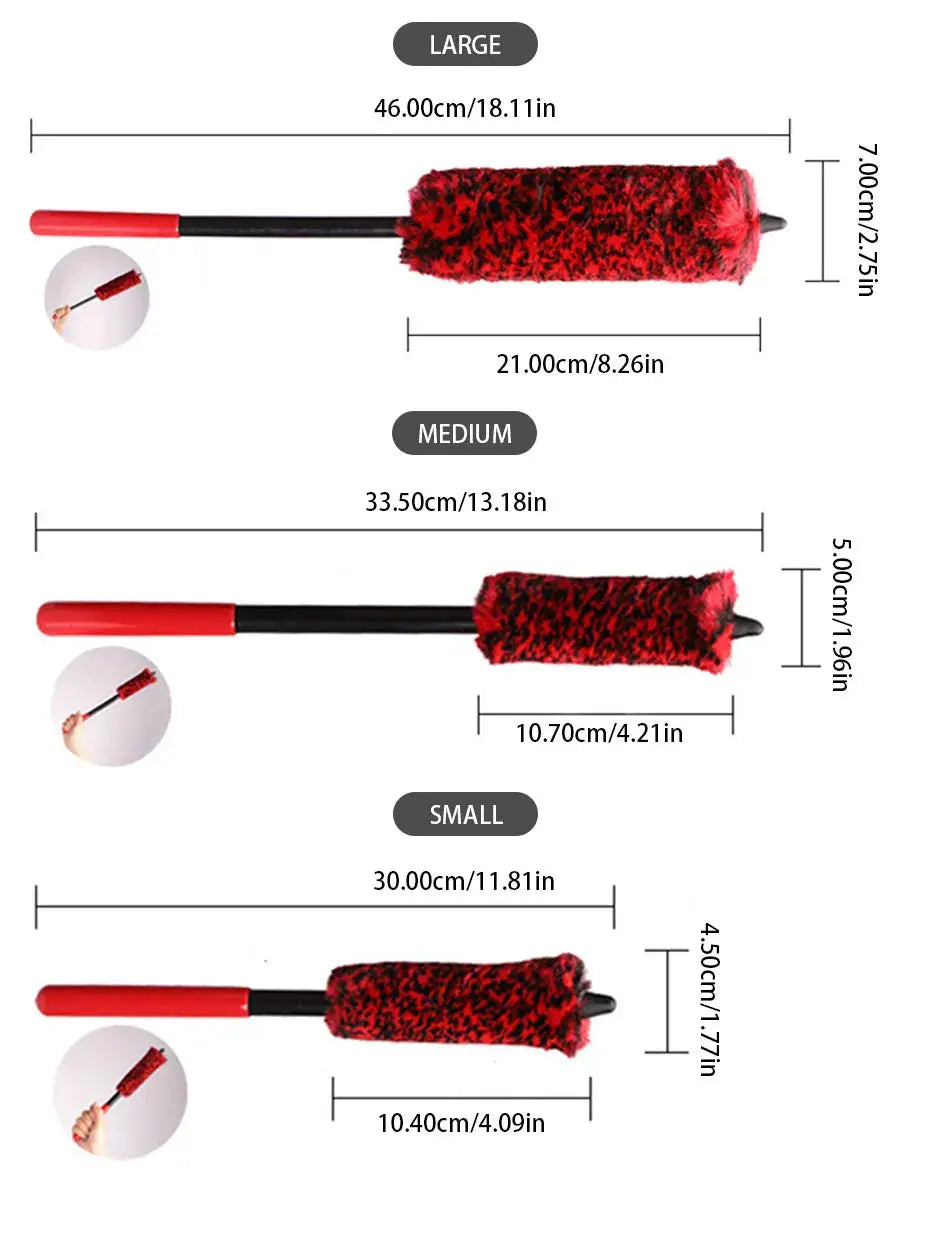 Car wheel detailing brush set by Simples Market SEAMETAL; bendable red/black fuzzy head, 3 sizes
