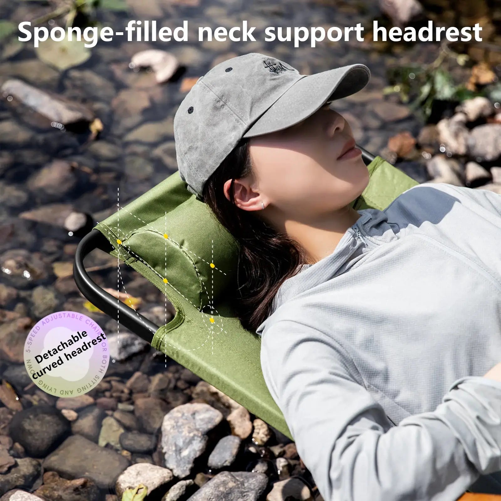 BISINNA camping folding chair, green with adjustable armrests and detachable pillow by Simples Market.