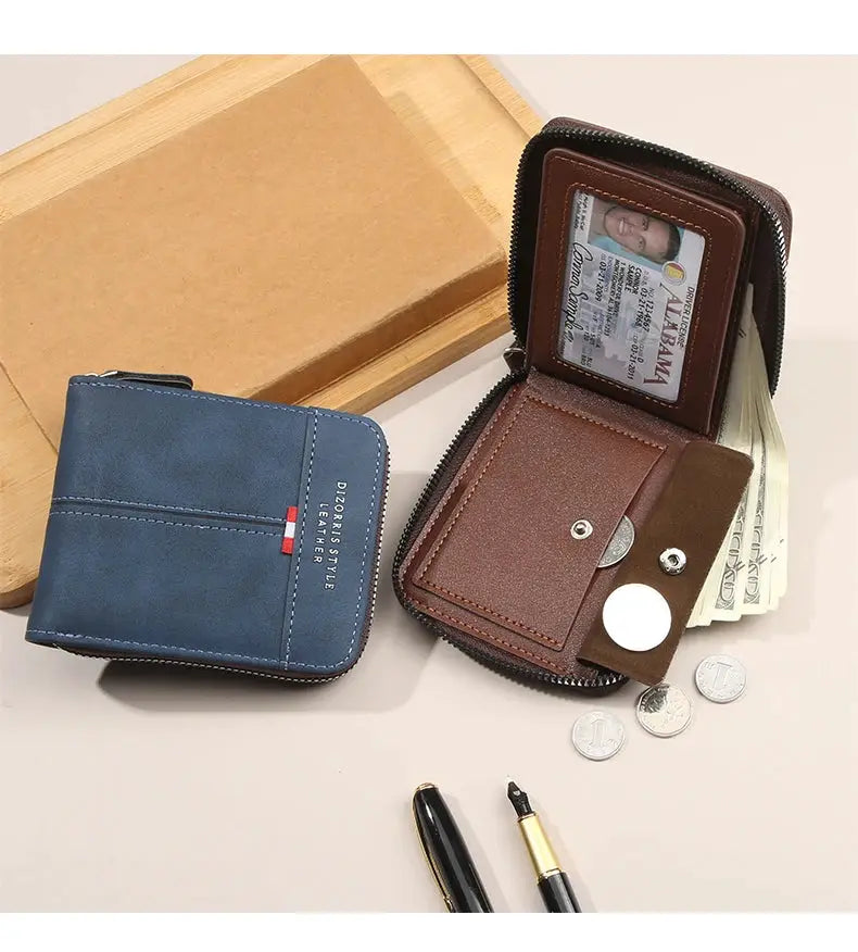 Two men's wallets: blue compact zippered wallet and brown leather wallet with card slots and cash.