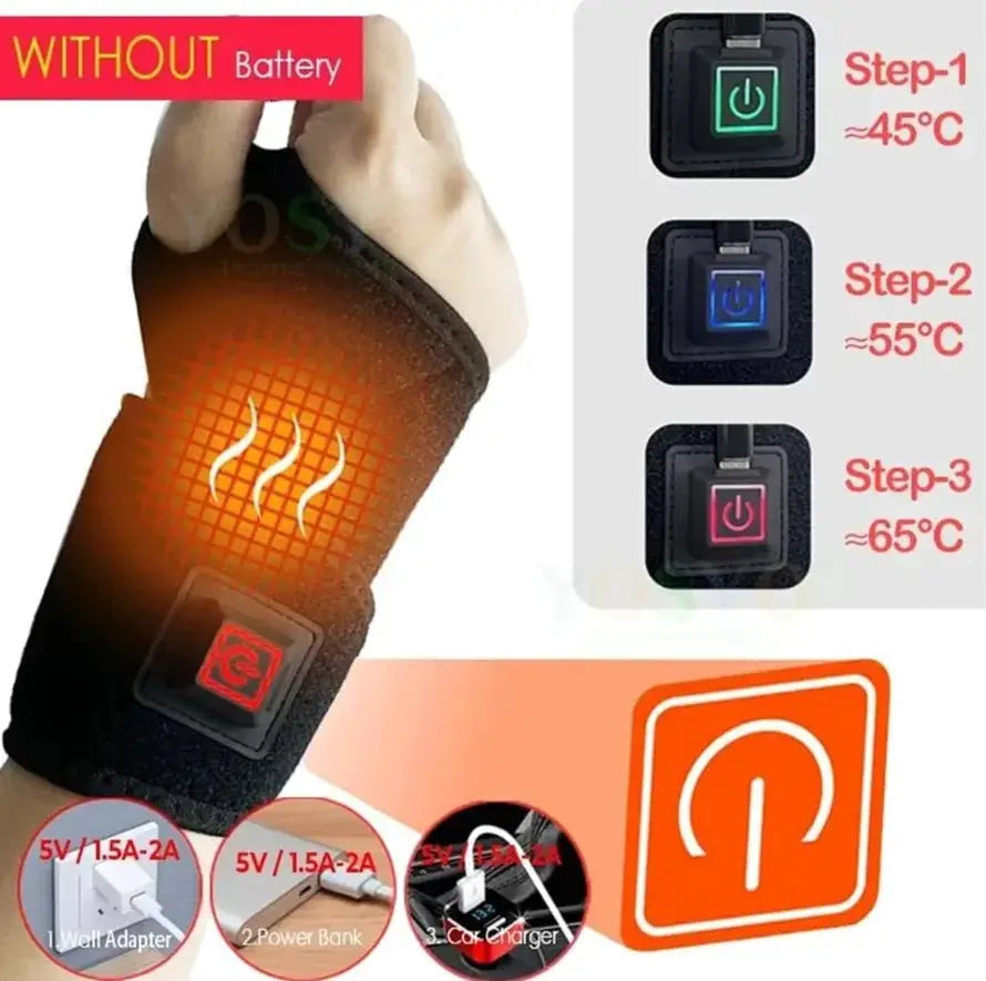 Electrically heated wrist brace by Simples Market with black breathable strap and USB-powered heat (45-65°C)