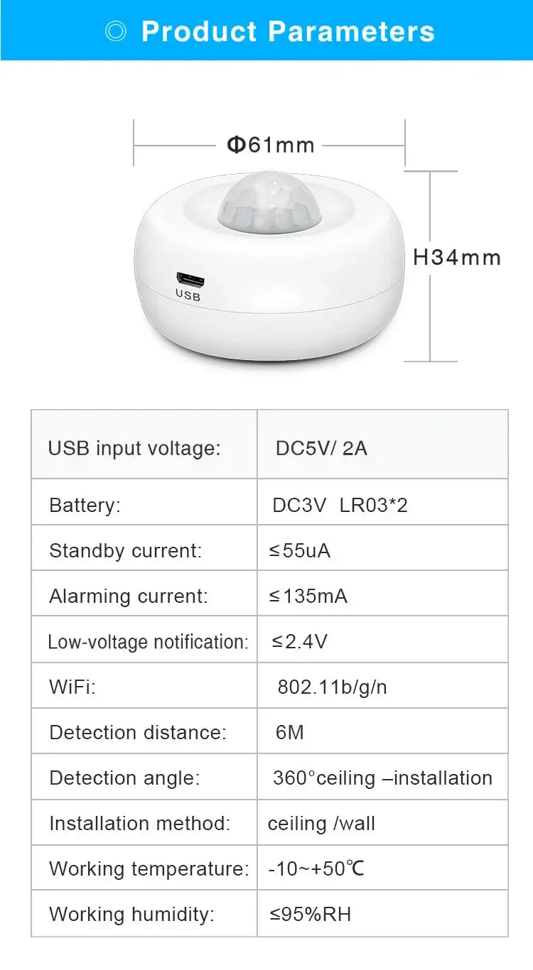 Tuya WiFi PIR motion sensor by Simples Market, white round dome with USB port; Ø61mm x H34mm