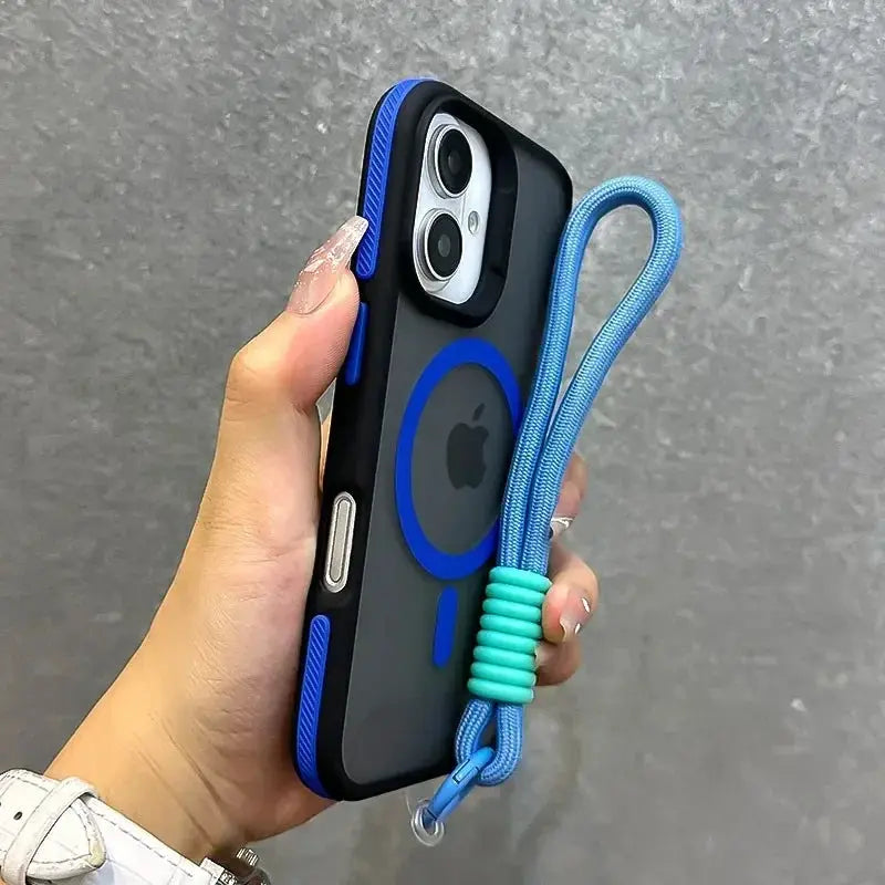 Simples Market Magsafe wrist-strap phone case for iPhone, black matte shell with blue accents and blue lanyard