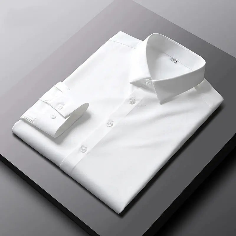 Men's white solid long-sleeve dress shirt, non-iron wrinkle-resistant, by Simples Market