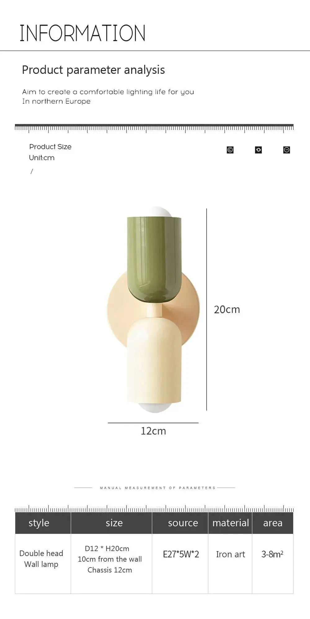 Double-head Nordic LED wall lamp by Simples Market in cream with olive-green shade, minimalist fixture