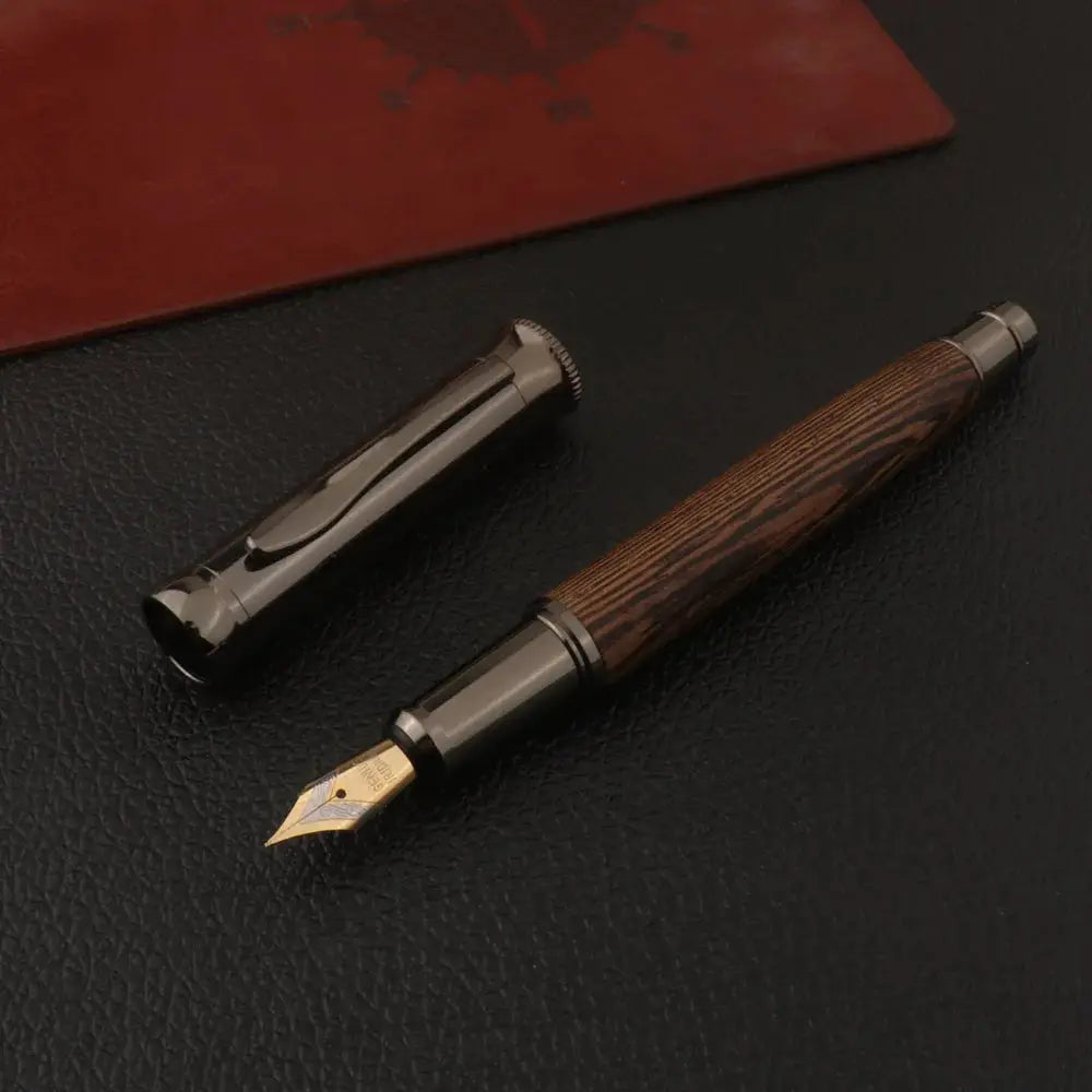 Wood fountain pen with tiger skin pattern, Simples Market, gunmetal gray cap, gold nib