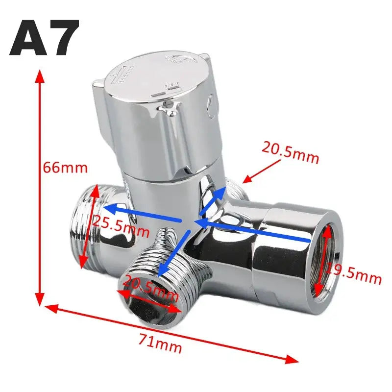 3-Way Brass Shower Arm Diverter Valve in chrome finish by Simples Market with G1/2 and G3/4 connectors