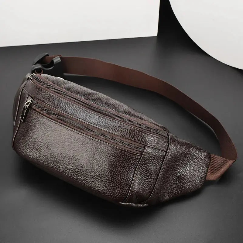 Men's genuine leather chest bag, brown textured leather with dual zip pockets and crossbody strap, Simples Market