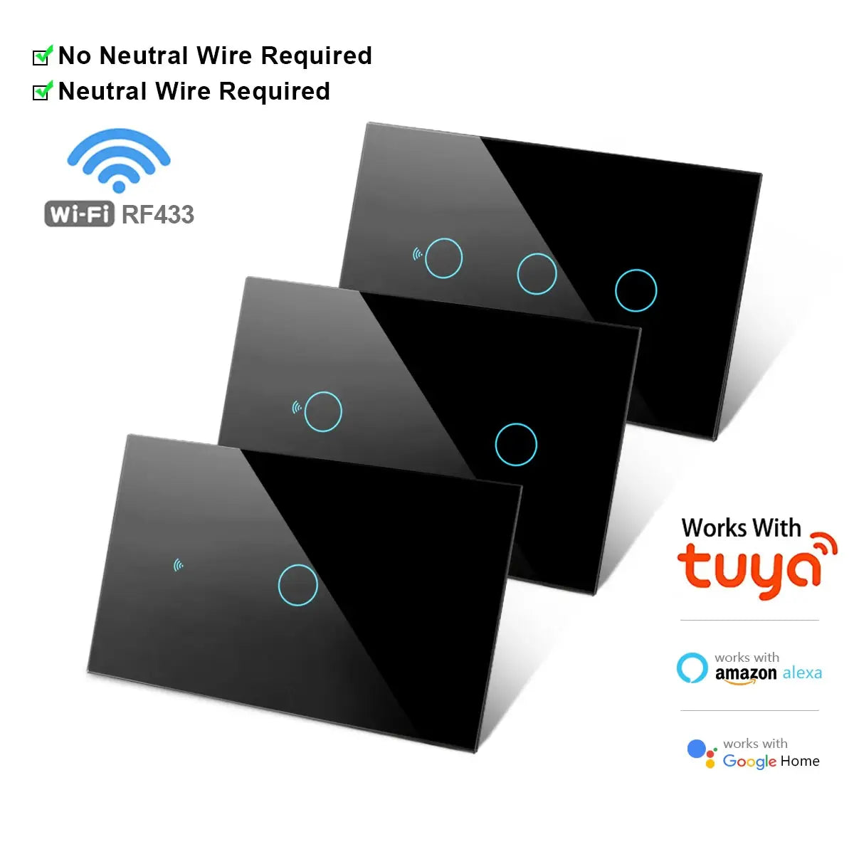 Simples Market RF433 1–4 Gang US WiFi smart touch wall switches; black glass, blue LED rings; Tuya/Alexa/Google Home
