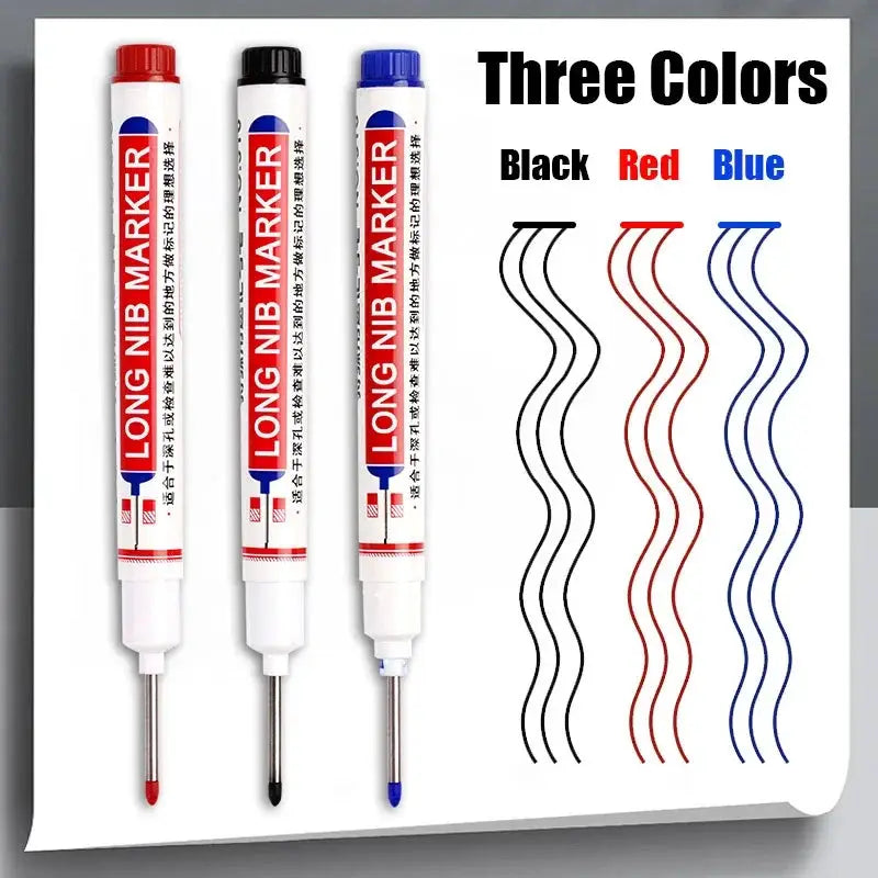 White marker pens with red, black and blue tips; three waterproof oily permanent markers for wood, plastic and metal